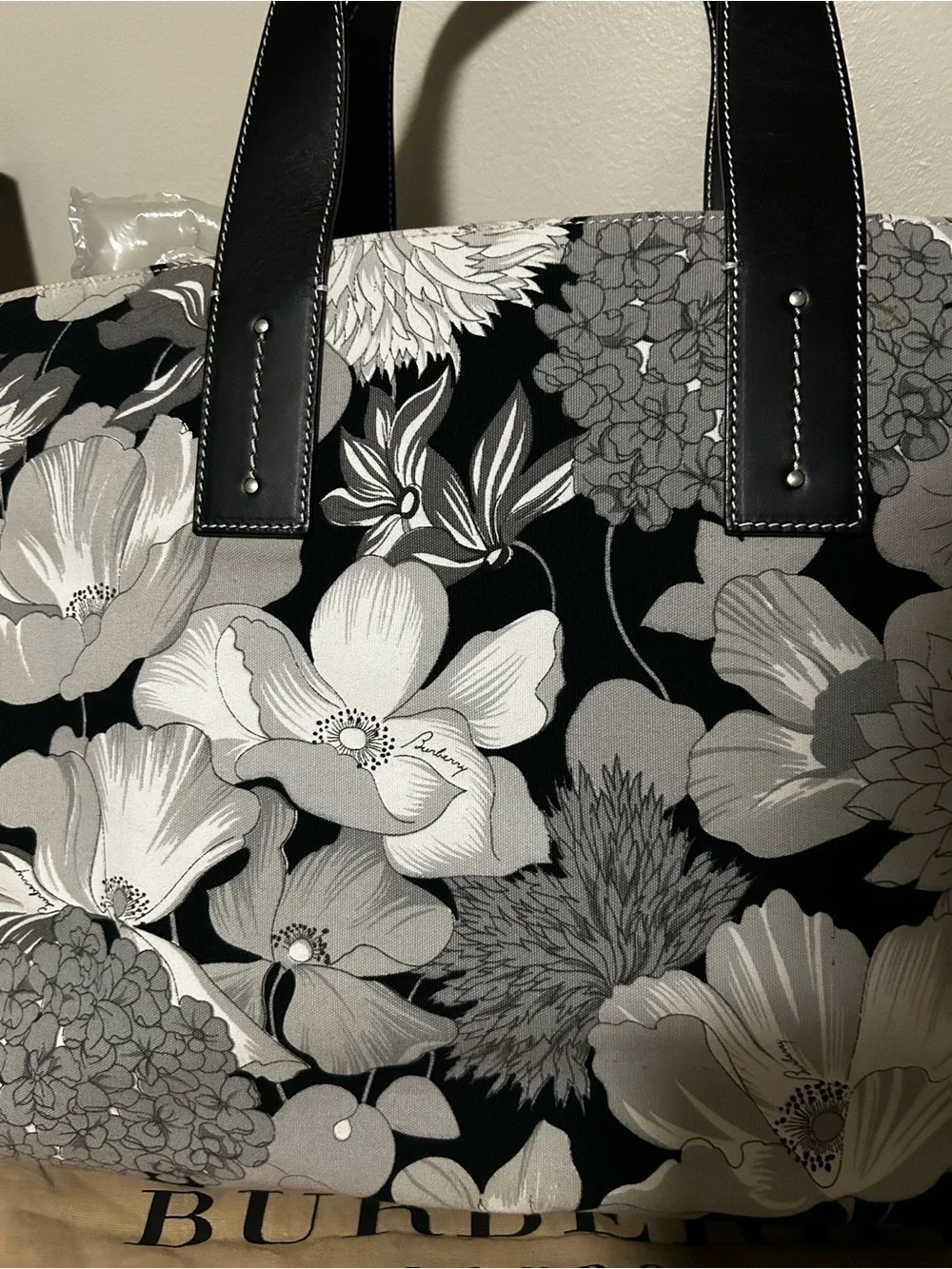 Burberry London Y2K Vintage Leather Trimmed Floral Canvas Tote With Pouch